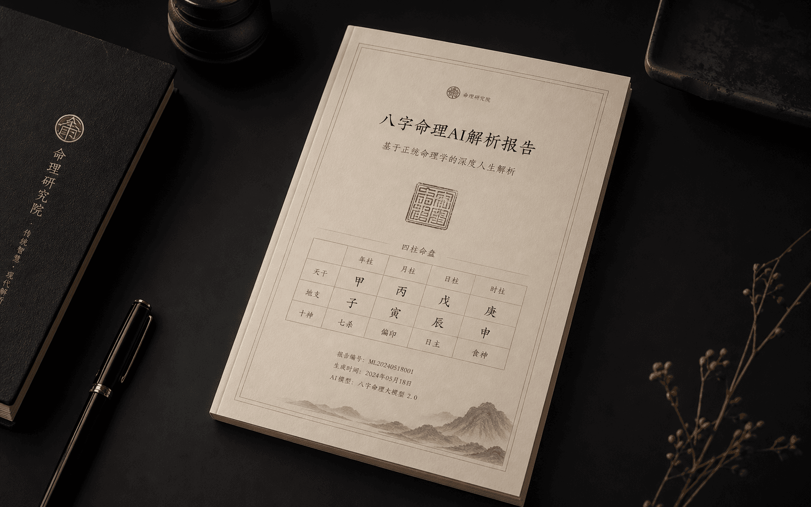 Printed BaZi report booklet on a dark desk